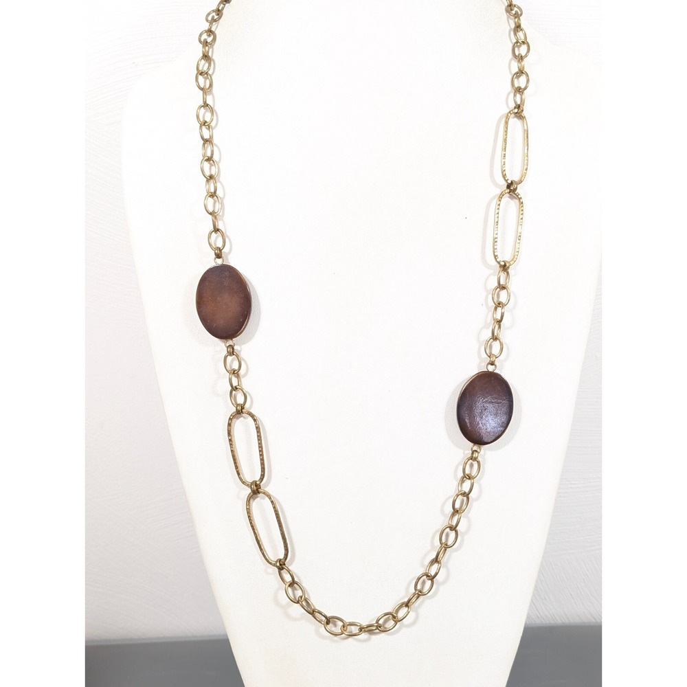 Marjorie Baer SF Gold Tone Brown Oval Acrylic Long Chain Necklace Boho Western‎